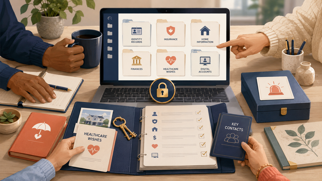 A digital estate folder displayed on a laptop, surrounded by organised records, emergency information, secure storage and people planning together.